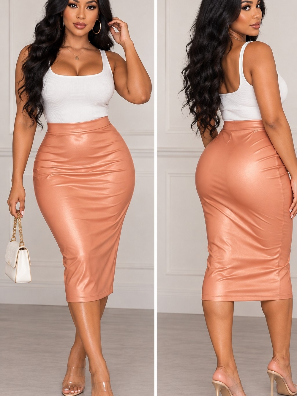 Faux Leather Midi Pencil Skirt in Peach